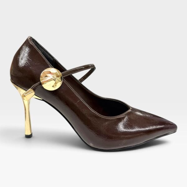 Kadın Acı Kahve Rugan Stiletto – 8 CM İnce Topuklu Taş Tokalı Abiye Ayakkabı