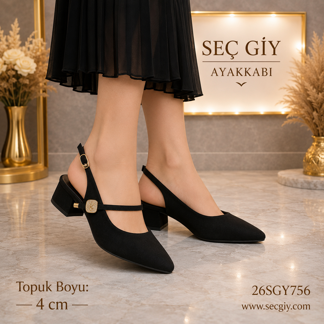 Siyah Bant Detaylı Slingback Kadın Topuklu Ayakkabı 4CM – Şık Günlük Model