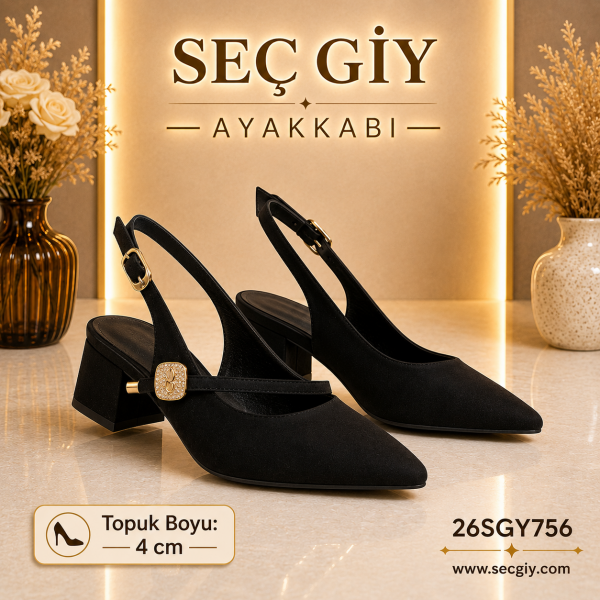 Siyah Bant Detaylı Slingback Kadın Topuklu Ayakkabı 4CM – Şık Günlük Model
