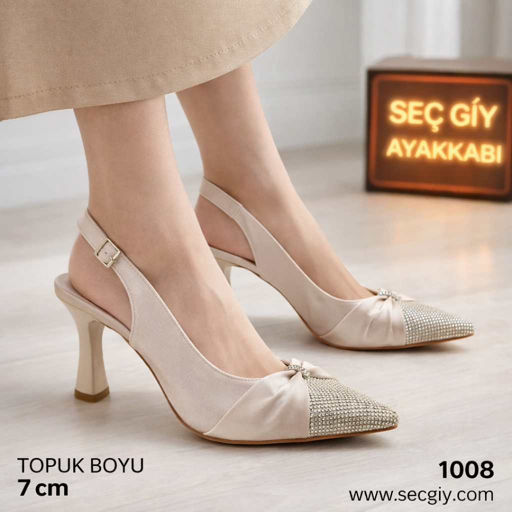 Kadın Topuklu Ayakkabı – Taş Detaylı Bej Slingback
