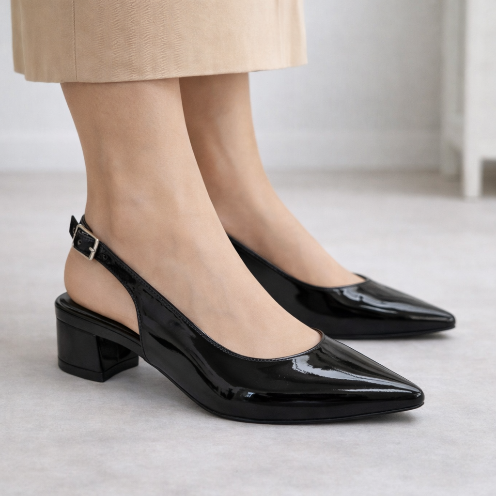 Kadın Siyah Rugan  Topuklu Ayakkabı – Kalın Topuklu, Sivri Burun Günlük Şık Model