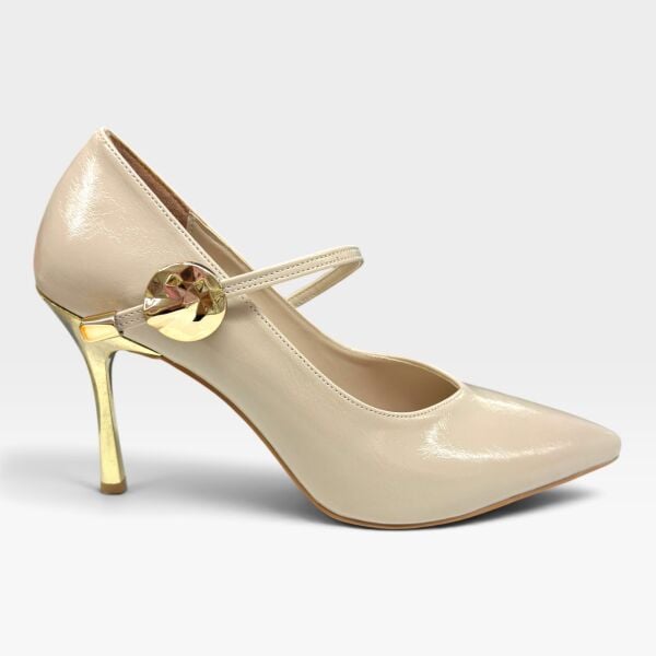Kadın Krem Stiletto – 8 CM İnce Topuklu Taş Tokalı Şık Ayakkabı