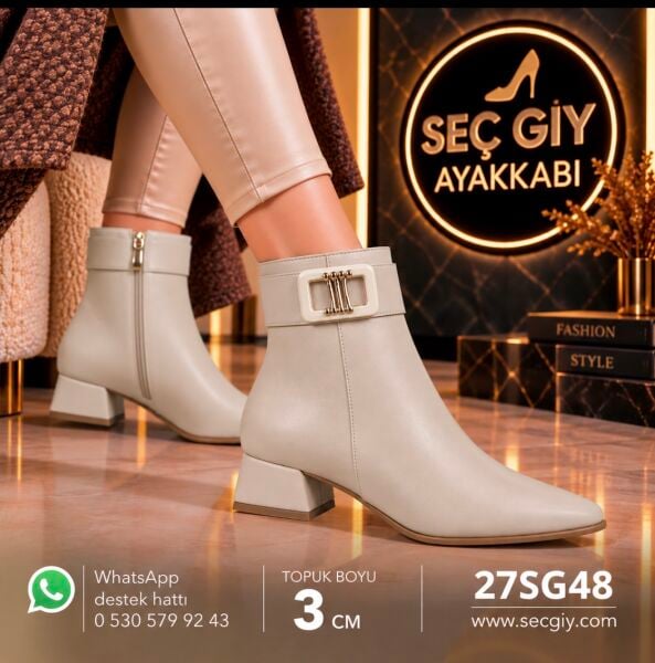 Krem Kadın Tokalı Bot – Şık Kısa Topuk 3 cm
