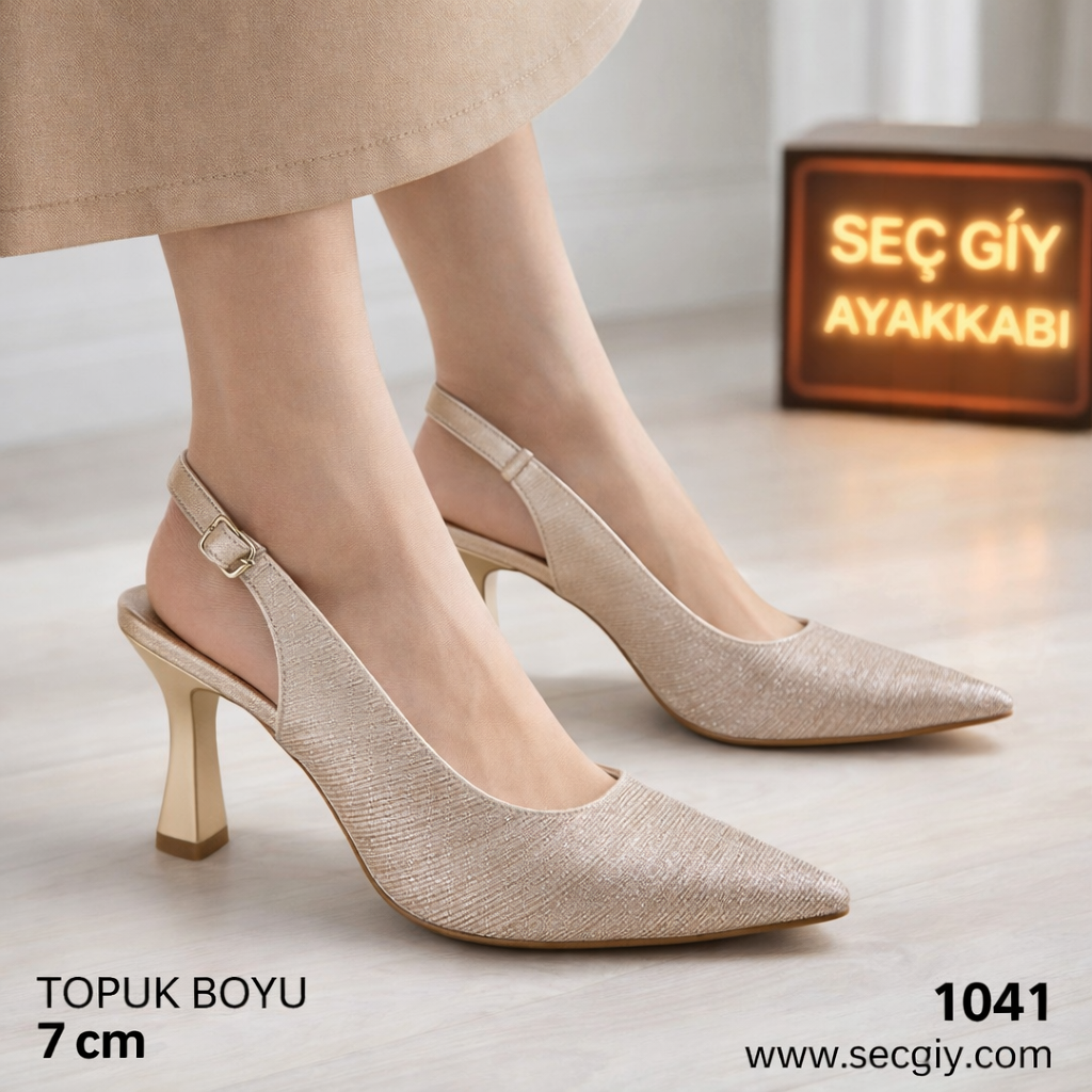 Kadın Topuklu Ayakkabı – Simli Bej Slingback