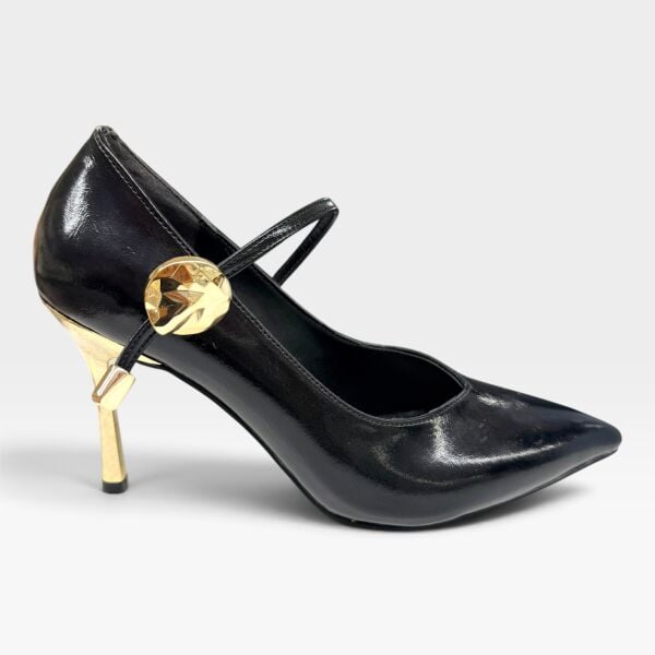 Kadın Siyah Rugan Stiletto – 8 CM İnce Topuklu Gold Tokalı Abiye Ayakkabı