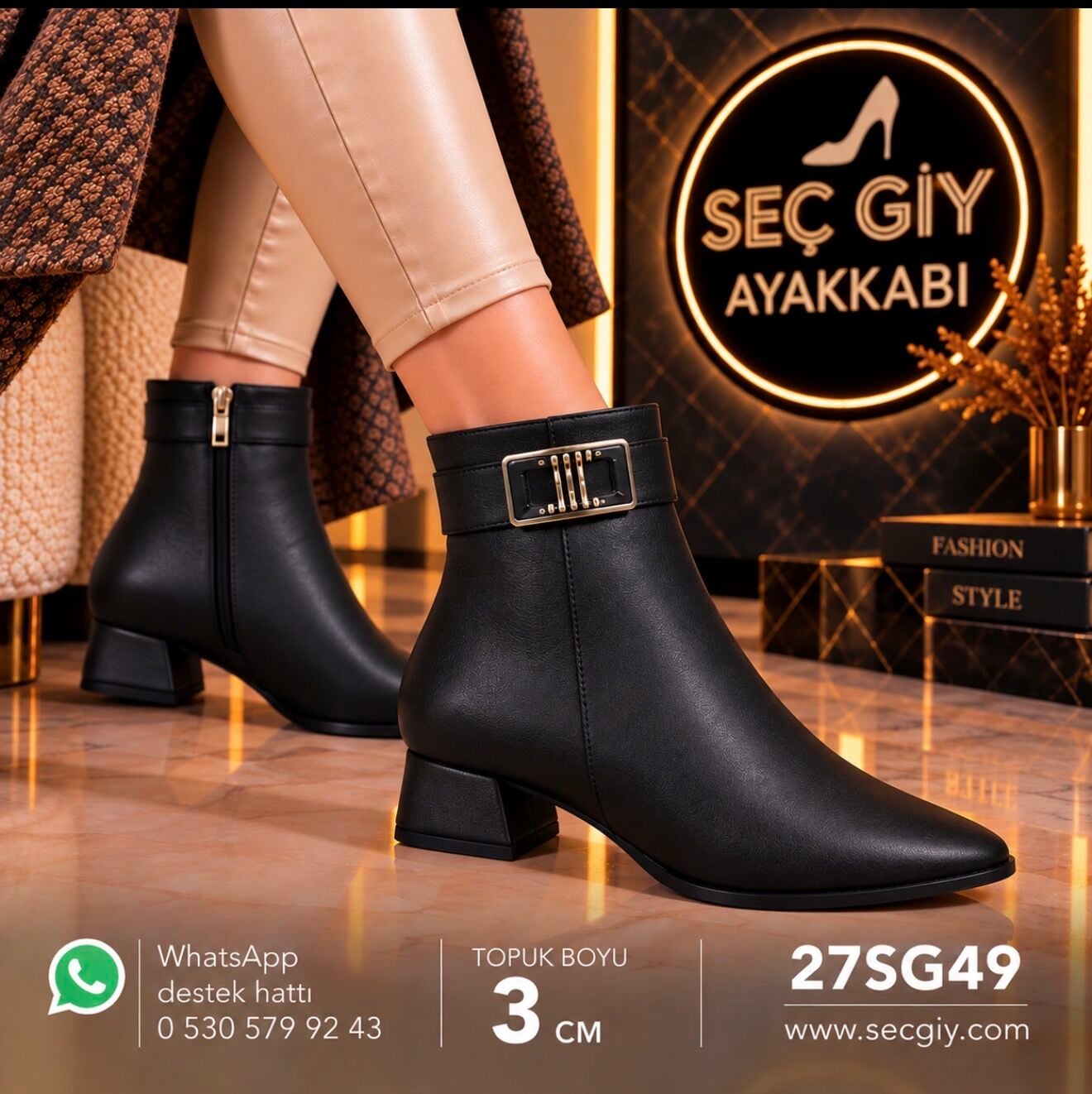 Siyah Tokalı Kadın Bot – Şık Kısa Topuk 3 cm
