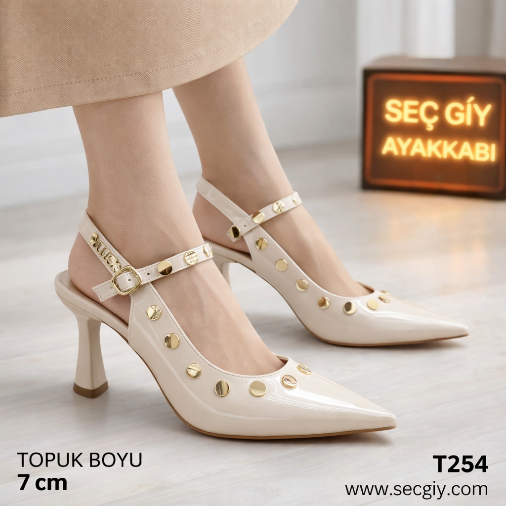 Kadın Topuklu Ayakkabı – Bej Zımba Detaylı Slingback