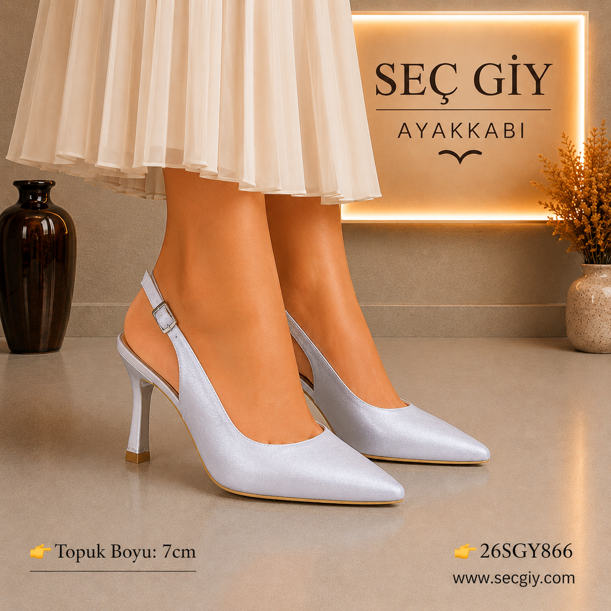 Kadın GÜMÜŞ Saten Slingback Stiletto – 7 CM İnce Topuklu Sivri Burun Ayakkabı