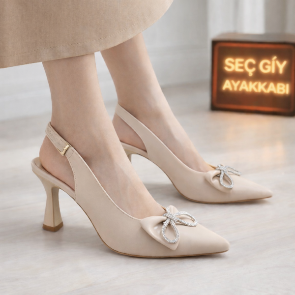 Kadın Topuklu Ayakkabı – Fiyonklu Bej Slingback