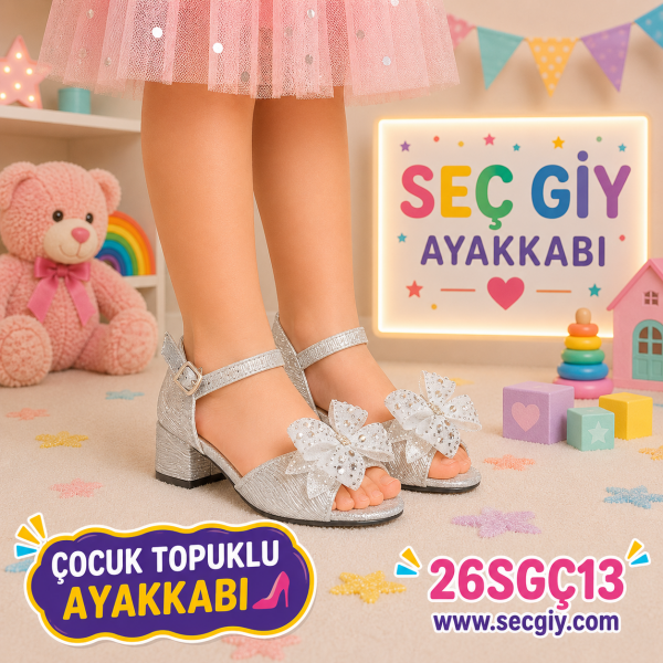 Kız Çocuk Gümüş Simli Topuklu Sandalet – Taşlı Fiyonk Detaylı Abiye Ayakkabı