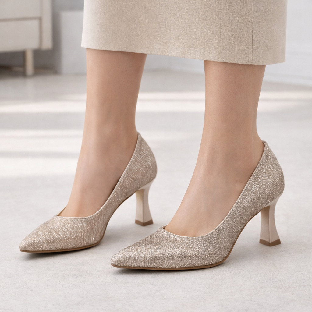 Altın Simli Kadın Abiye Ayakkabı - Orta Topuklu Klasik Model