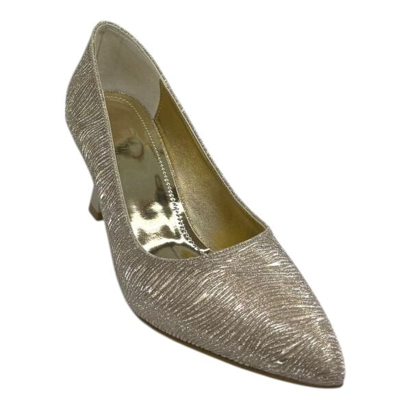 Altın Simli Kadın Abiye Ayakkabı - Orta Topuklu Klasik Model