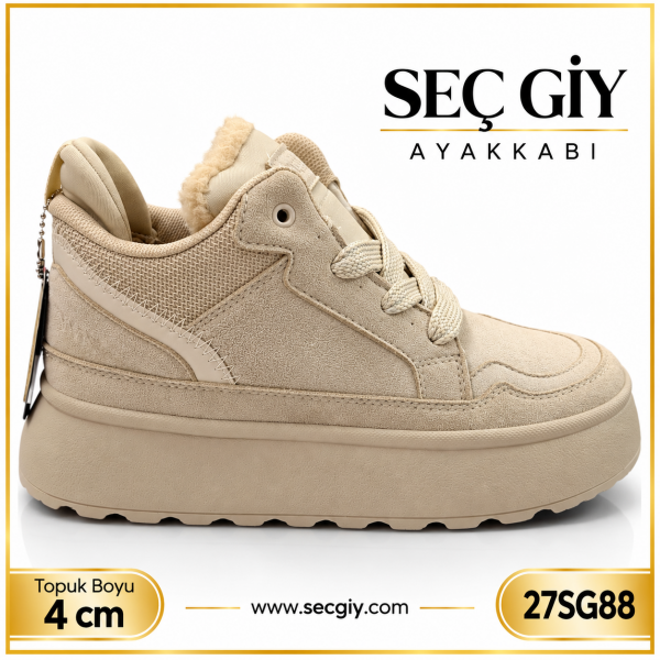 Bej Kalın Taban Kadın Spor Ayakkabı – Sıcak Astarlı 4 cm Taban