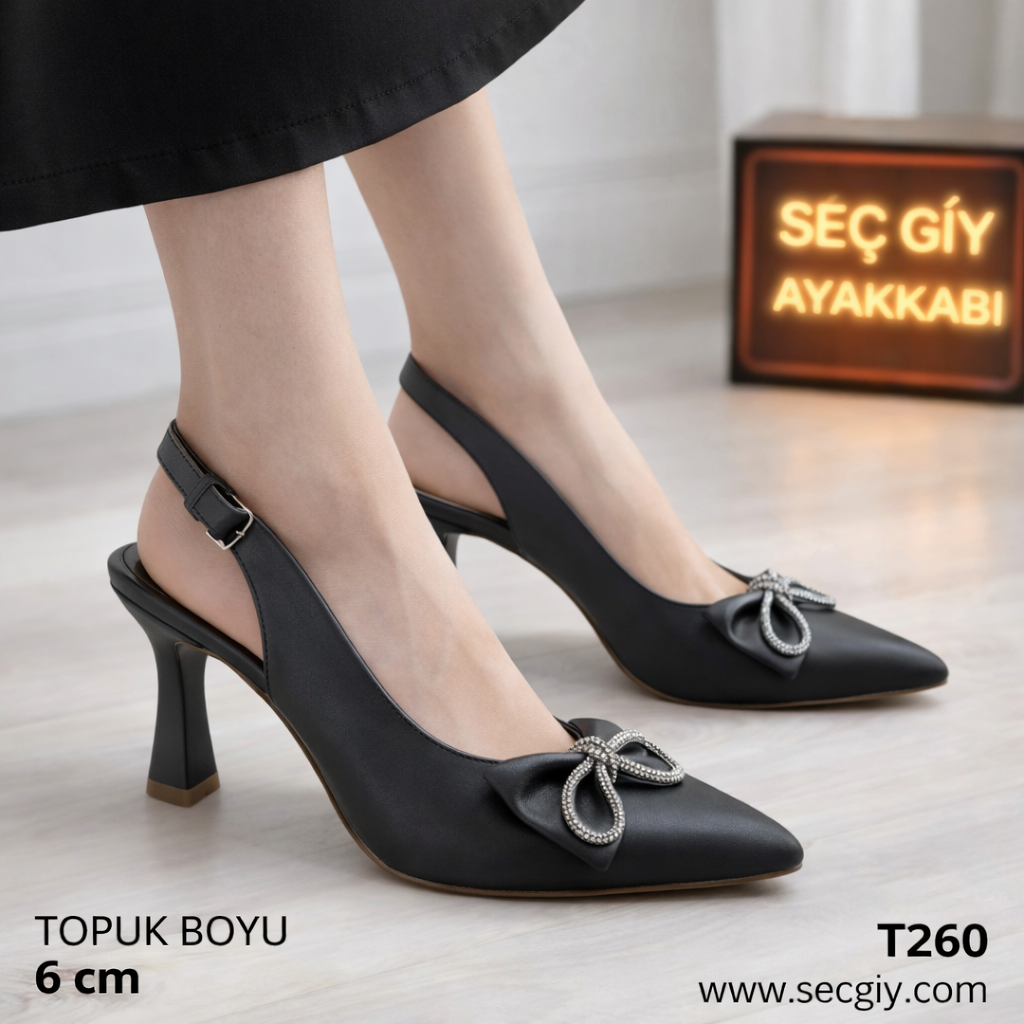 Kadın Topuklu Ayakkabı – Fiyonklu Siyah Slingback