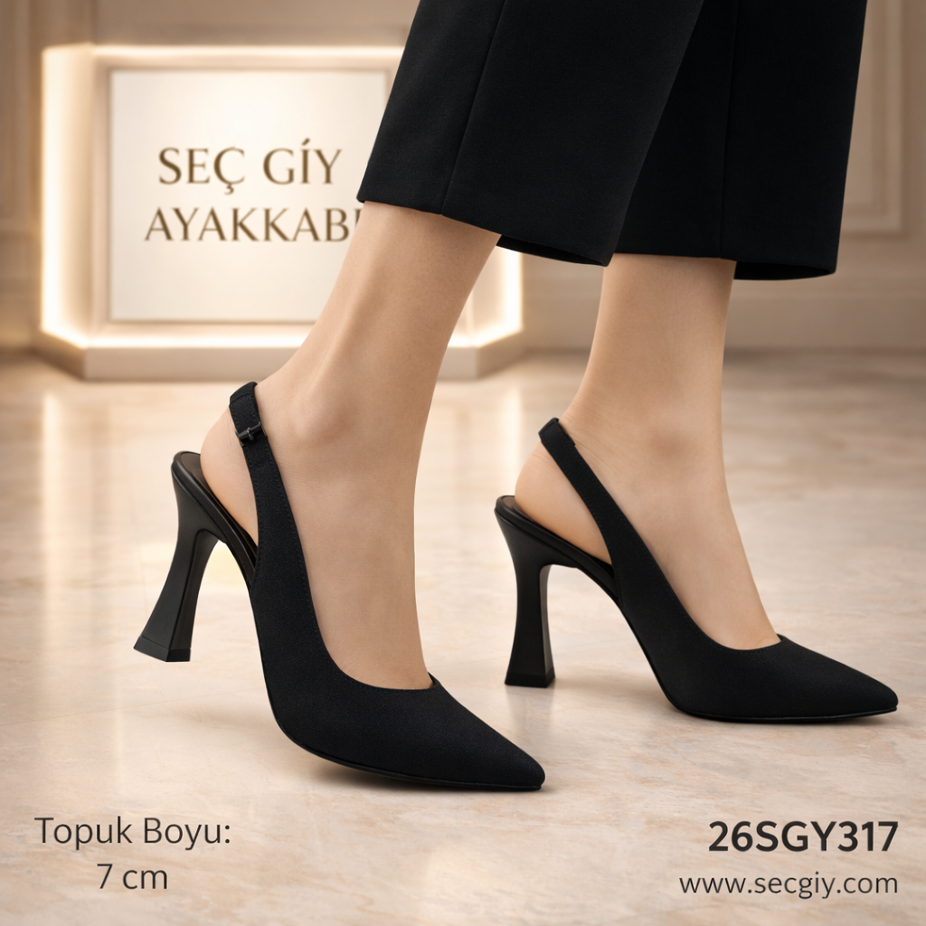 Siyah Sivri Burun 7 cm Topuklu Kadın Ayakkabı