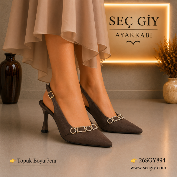 Kadın Acı Kahve Süet Slingback Stiletto – 7 CM İnce Topuklu Taş Detaylı Ayakkabı