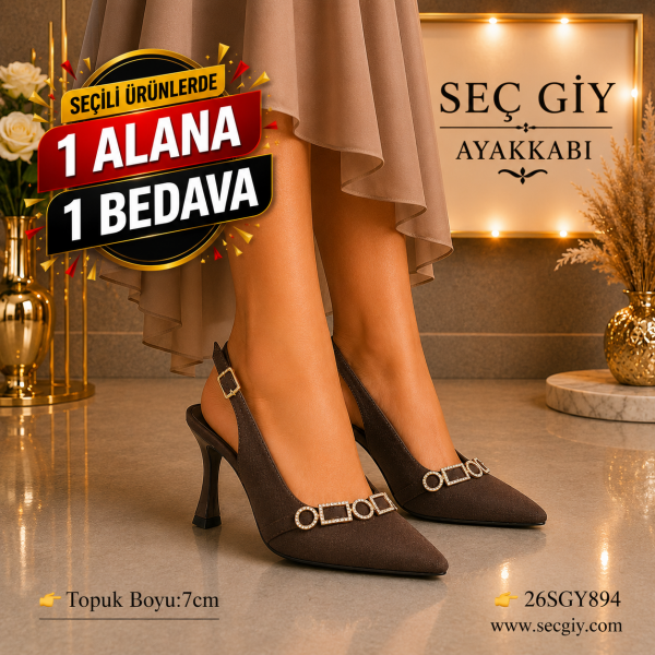 Kadın Acı Kahve Süet Slingback Stiletto – 7 CM İnce Topuklu Taş Detaylı Ayakkabı