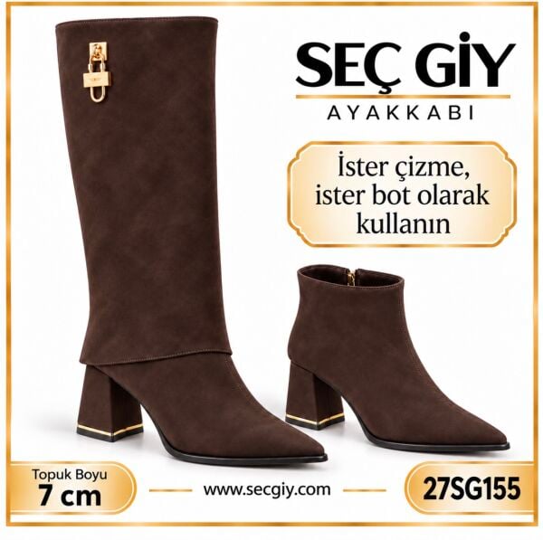 Acı Kahve Süet Görünümlü Kadın Çizme 7 CM Kalın Topuklu İster Bot İster Çizme 2'si 1 Arada Bayan Ayakkabı