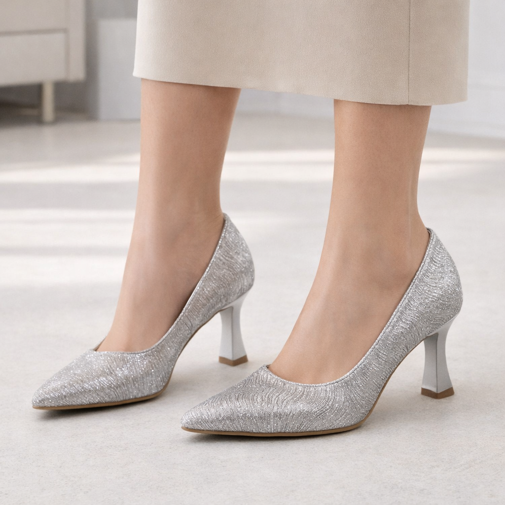Gümüş Simli Kadın Abiye Ayakkabı - Orta Topuklu Şık Model