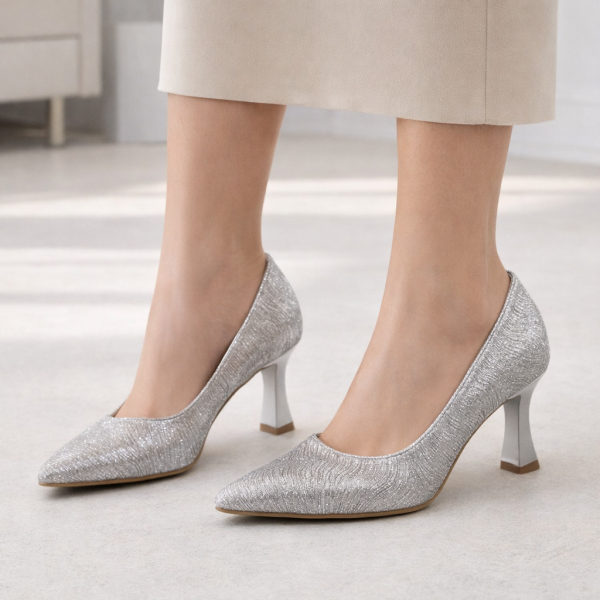 Gümüş Simli Kadın Abiye Ayakkabı - Orta Topuklu Şık Model