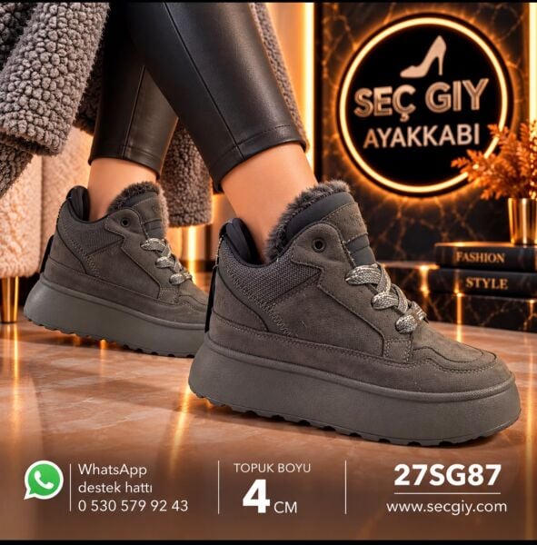 Gri Kalın Taban Kadın Spor Ayakkabı – Sıcak Astarlı 4 cm Taban