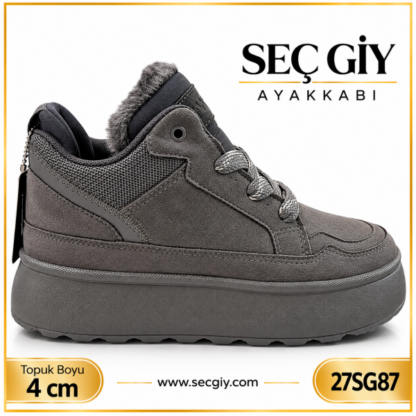 Gri Kalın Taban Kadın Spor Ayakkabı – Sıcak Astarlı 4 cm Taban