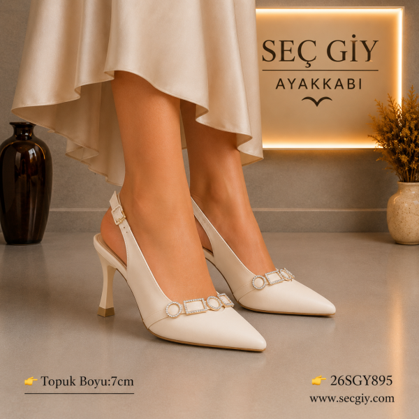Kadın Krem Slingback Stiletto – 7 CM İnce Topuklu Taş Detaylı Sivri Burun Ayakkabı