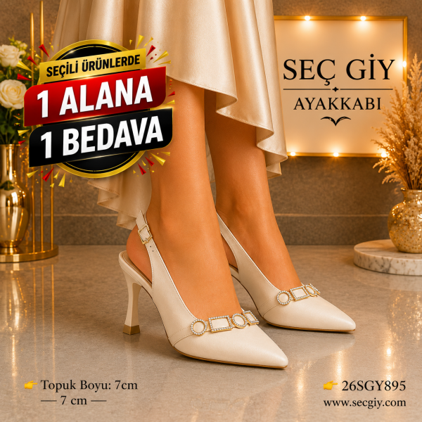 Kadın Krem Slingback Stiletto – 7 CM İnce Topuklu Taş Detaylı Sivri Burun Ayakkabı