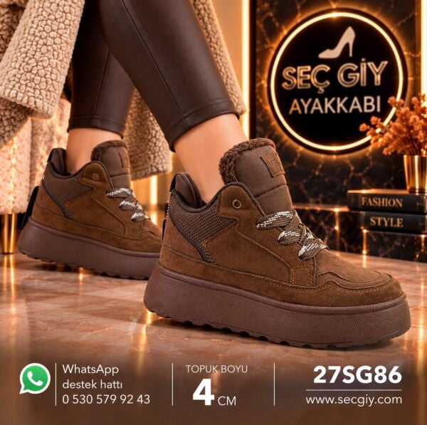 Kahverengi Sıcak Astarlı Kadın Spor Ayakkabı – Kalın Taban 4 cm