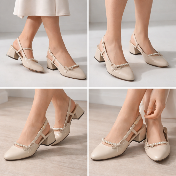 Kadın Bej Mat Topuklu Ayakkabı – İnci Şerit & Fiyonk Detaylı, Kısa Kalın Topuk (SGY31)