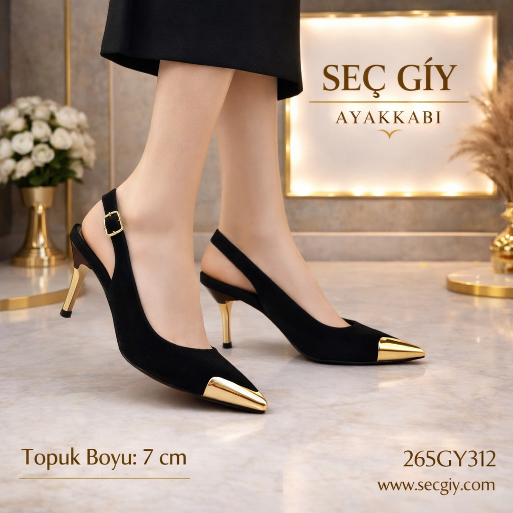 Siyah Altın Burun Detaylı 7 cm Topuklu Kadın Ayakkabı