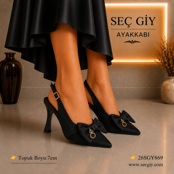 Kadın Siyah Slingback Stiletto – 7 CM İnce Topuklu Fiyonk Detaylı Sivri Burun Ayakkabı