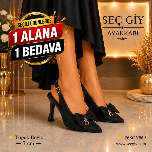 Kadın Siyah Slingback Stiletto – 7 CM İnce Topuklu Fiyonk Detaylı Sivri Burun Ayakkabı