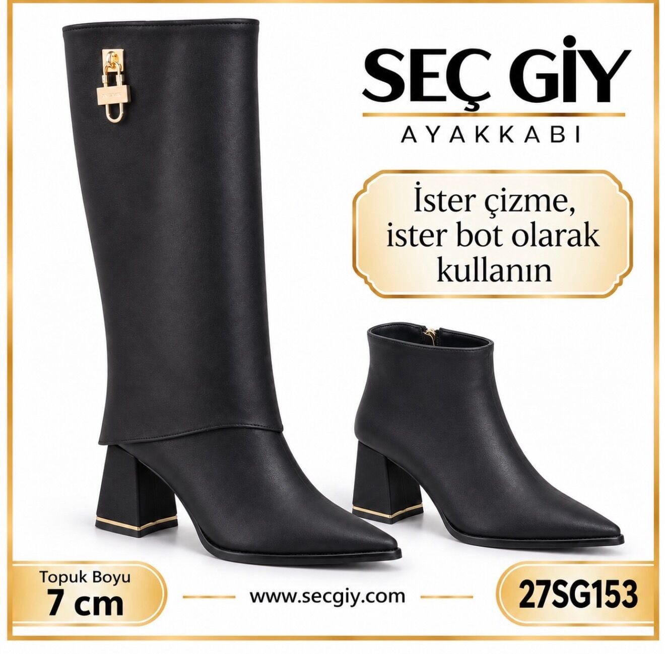 Siyah Deri Görünümlü Kadın Çizme 7 CM Kalın Topuklu İster Bot İster Çizme 2'si 1 Arada Şık Bayan Model