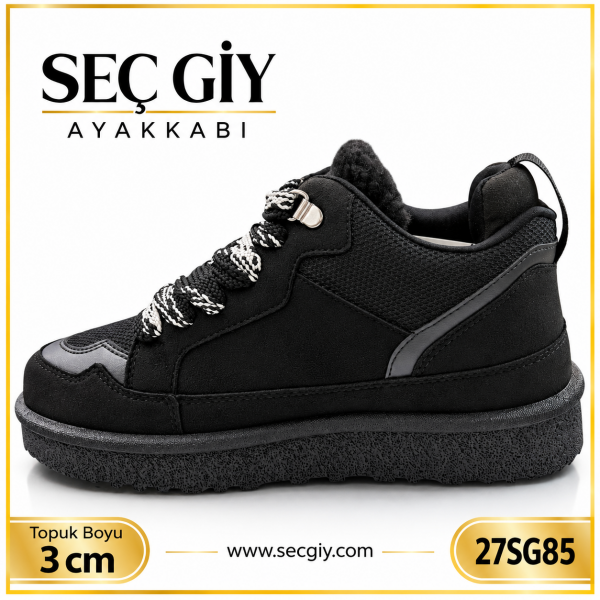 Siyah İçi Sıcak Astarlı Kadın Bilekli Spor Ayakkabı – 3 cm Taban