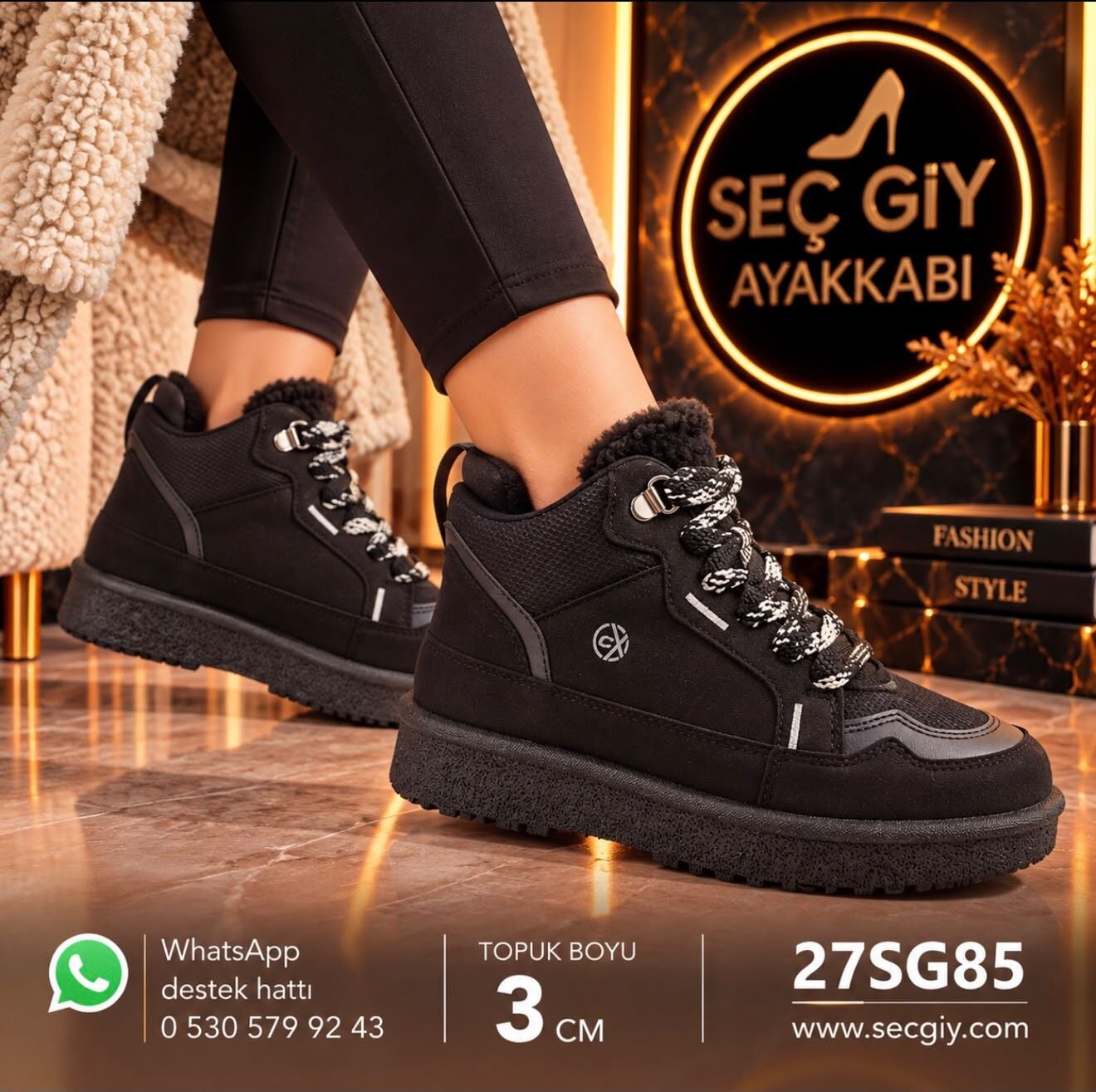Siyah İçi Sıcak Astarlı Kadın Bilekli Spor Ayakkabı – 3 cm Taban