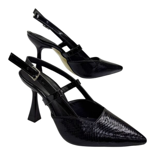 Siyah Yılan Desenli Topuklu Kadın Ayakkabı - İnce Topuk Şıklığı