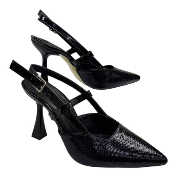 Siyah Yılan Desenli Topuklu Kadın Ayakkabı - İnce Topuk Şıklığı