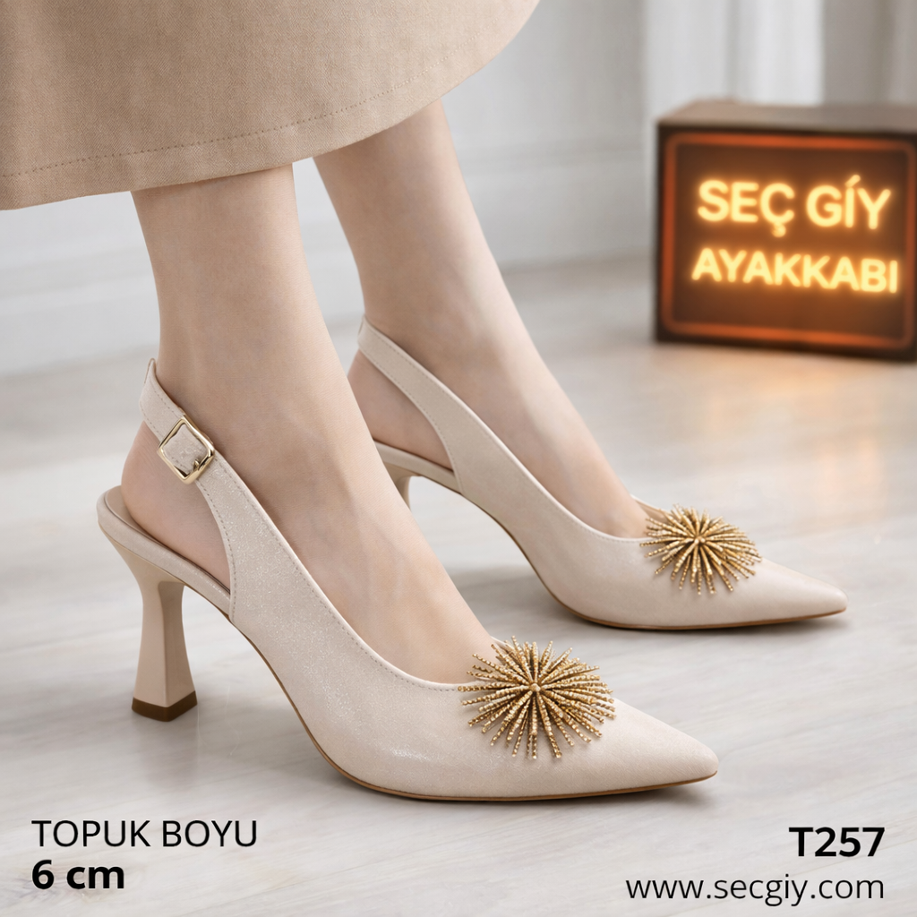 Kadın Topuklu Ayakkabı – Bej Taş Detaylı Slingback