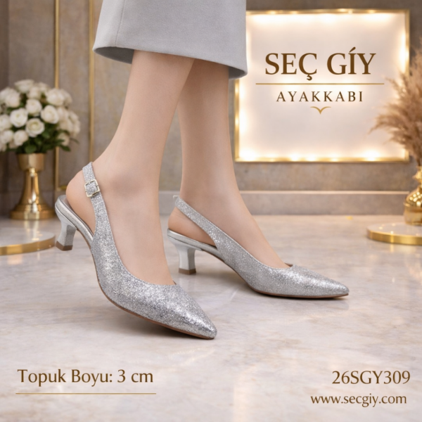 Gümüş Simli Sivri Burun 3 cm Topuklu Kadın Ayakkabı