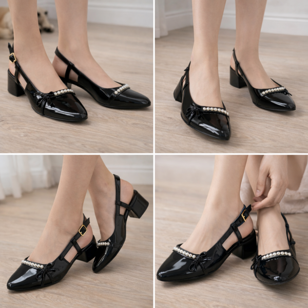 Kadın Siyah Rugan  Topuklu Ayakkabı – İnci Şerit & Fiyonk Detaylı, Kısa Kalın Topuk 26SGY32