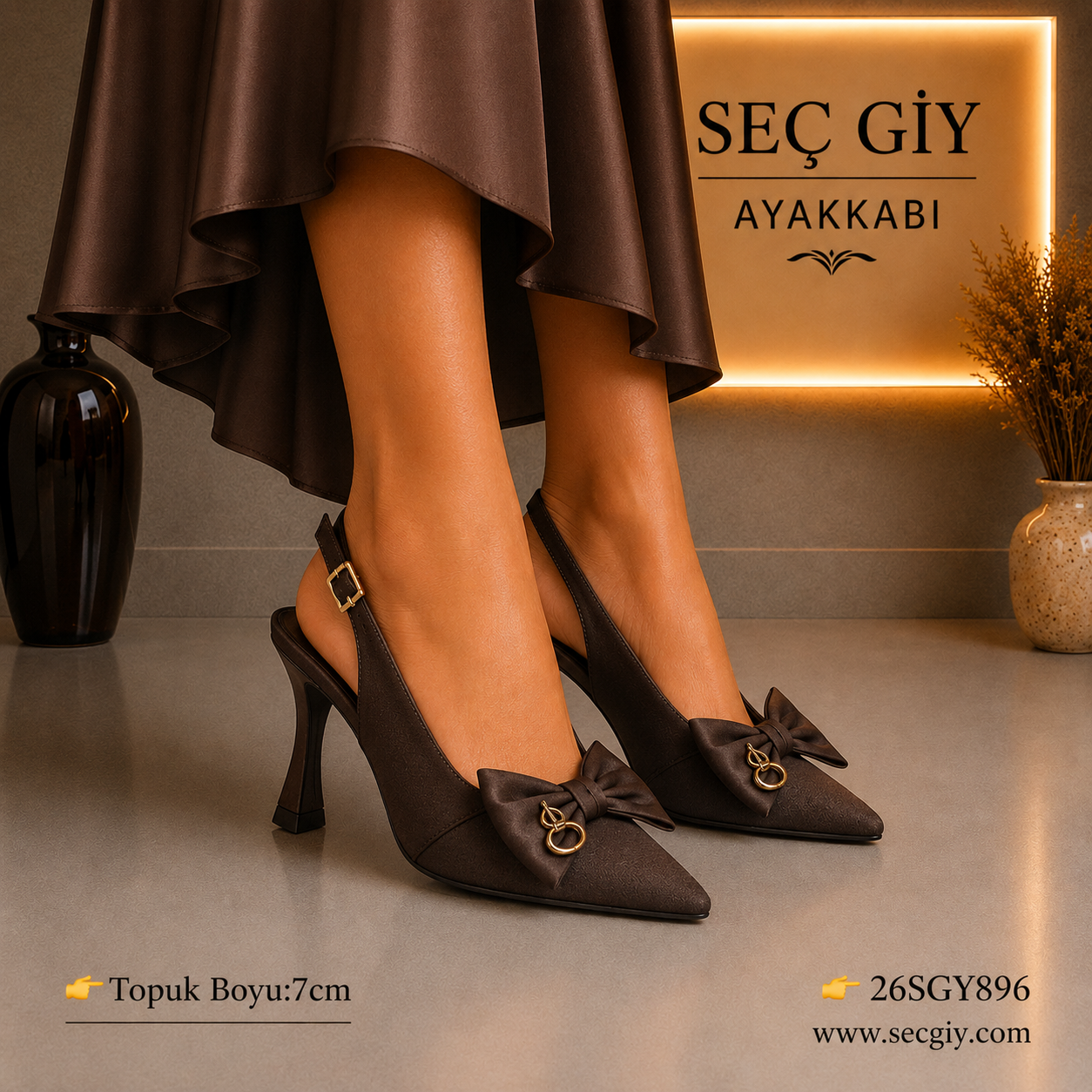 Kadın Acı Kahve Slingback Stiletto – 7 CM İnce Topuklu Fiyonk Detaylı Sivri Burun Ayakkabı