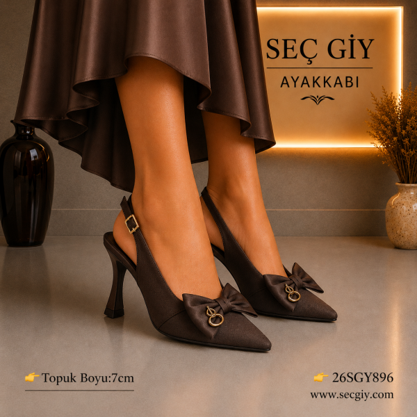 Kadın Acı Kahve Slingback Stiletto – 7 CM İnce Topuklu Fiyonk Detaylı Sivri Burun Ayakkabı