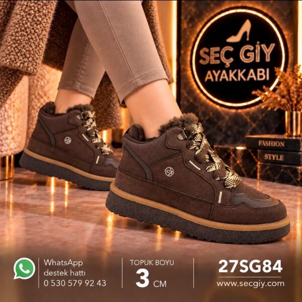 Kahverengi İçi Sıcak Astarlı Kadın Bilekli Spor Ayakkabı – 3 cm Taban