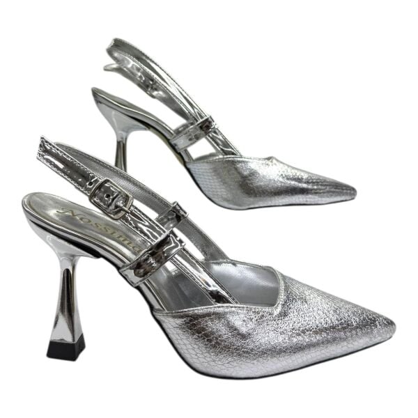 Gümüş Yılan Desenli Metalik Topuklu Kadın Ayakkabı - Gece Şıklığı