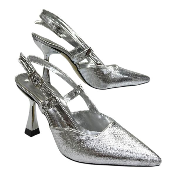 Gümüş Yılan Desenli Metalik Topuklu Kadın Ayakkabı - Gece Şıklığı