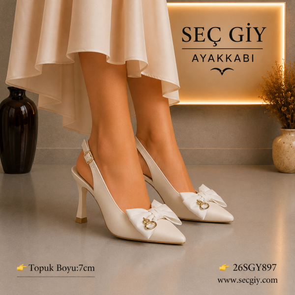 Kadın Krem Slingback Stiletto – 7 CM İnce Topuklu Fiyonk Detaylı Sivri Burun Ayakkabı