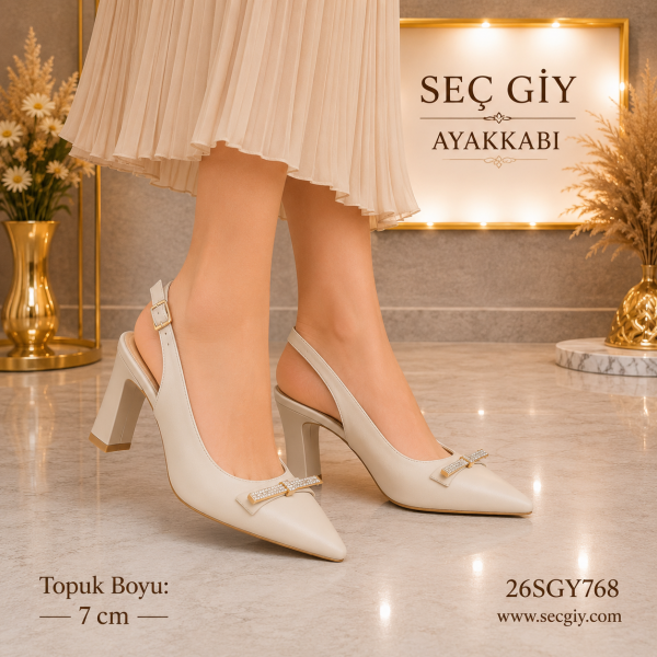 Krem Taş Detaylı Slingback Topuklu Ayakkabı – Sivri Burun Kadın Stiletto