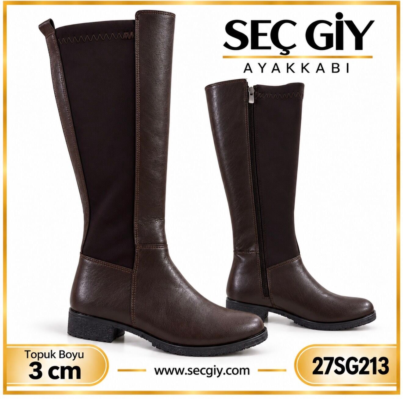 Acı Kahve Streç Kadın Çizme 3 CM Kısa Topuklu Deri Görünümlü Fermuarlı Günlük Bayan Çizme 27SG213