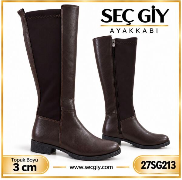 Acı Kahve Streç Kadın Çizme 3 CM Kısa Topuklu Deri Görünümlü Fermuarlı Günlük Bayan Çizme 27SG213